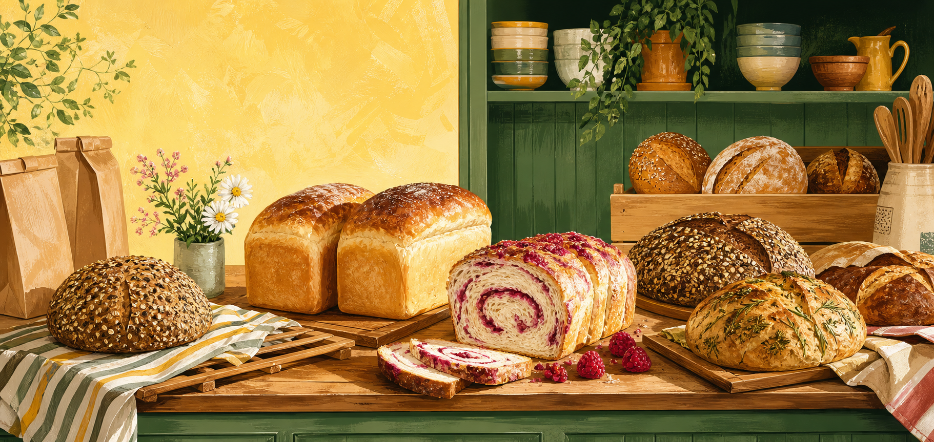 Illustrated bakery counter filled with colorful fresh bread