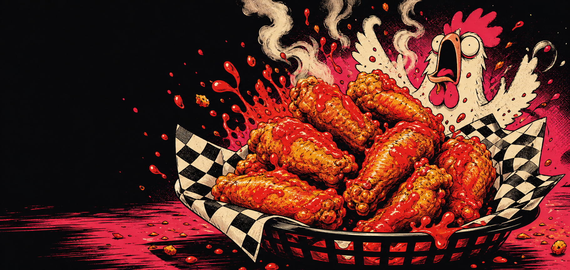 Illustrated basket of hot wings with a shocked cartoon chicken