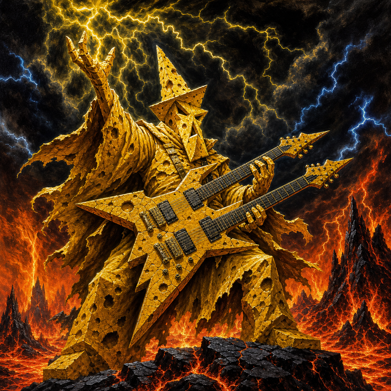 A fictional golden cheese wizard playing a double-neck guitar amid lightning and lava