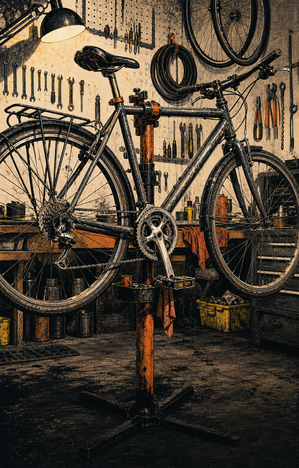 Illustrated commuter bicycle mounted on a repair stand in a neighborhood workshop